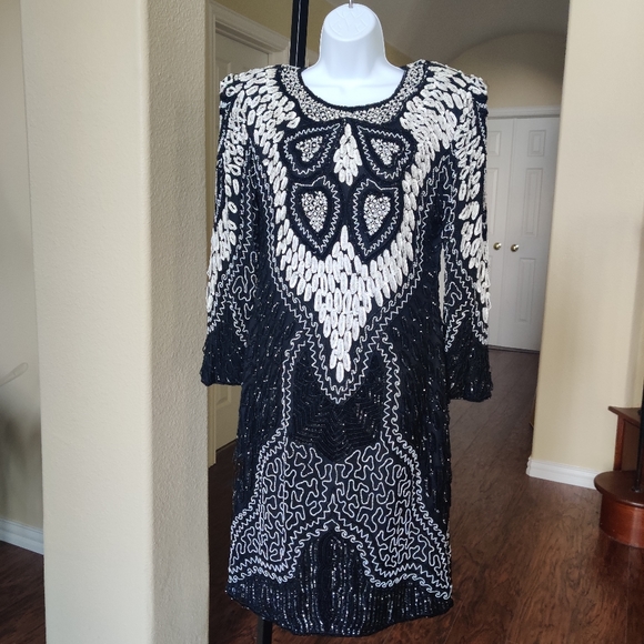 Gold Star VTG Beaded Statement Pure Silk Dress - Picture 1 of 15
